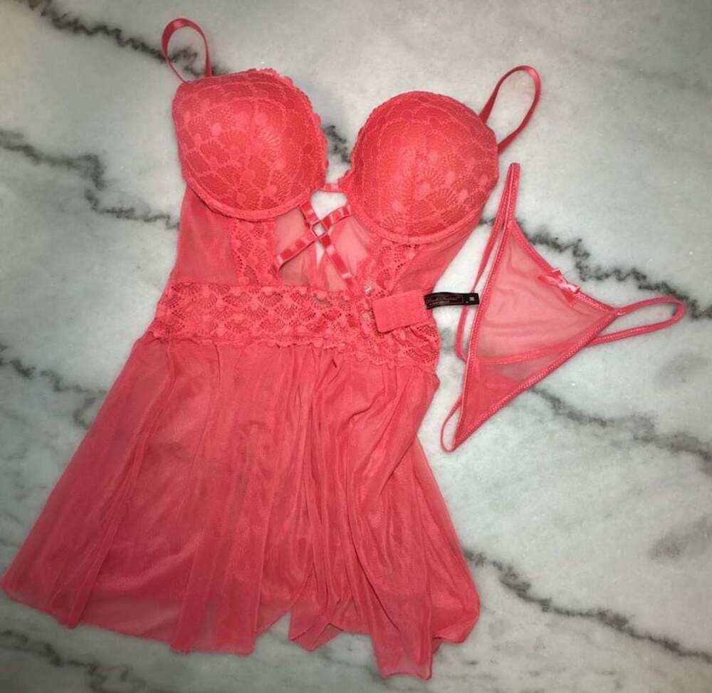 Lace & Mesh Babydoll Chemise Set M Pink